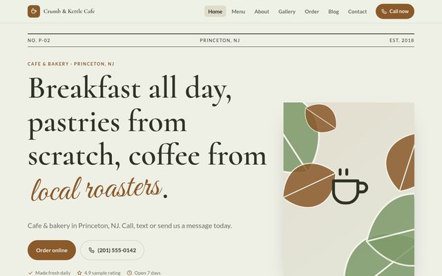 Screenshot of demo design P-02, Crumb & Kettle Cafe