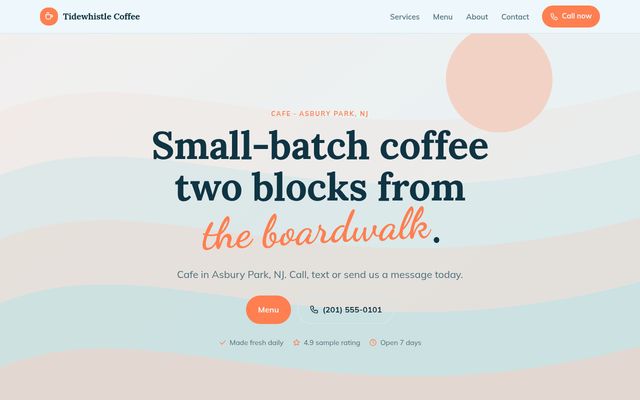 Screenshot of demo design S-01, Morning Tide Coffee