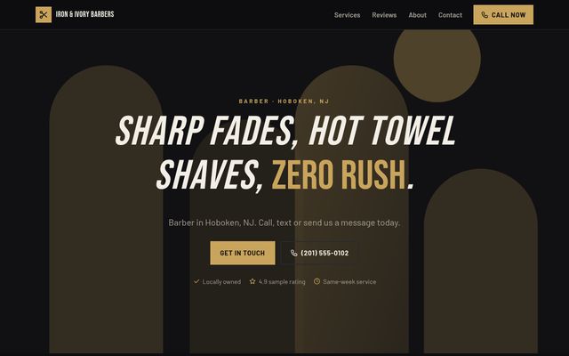 Screenshot of demo design S-02, Iron & Ivory Barbers