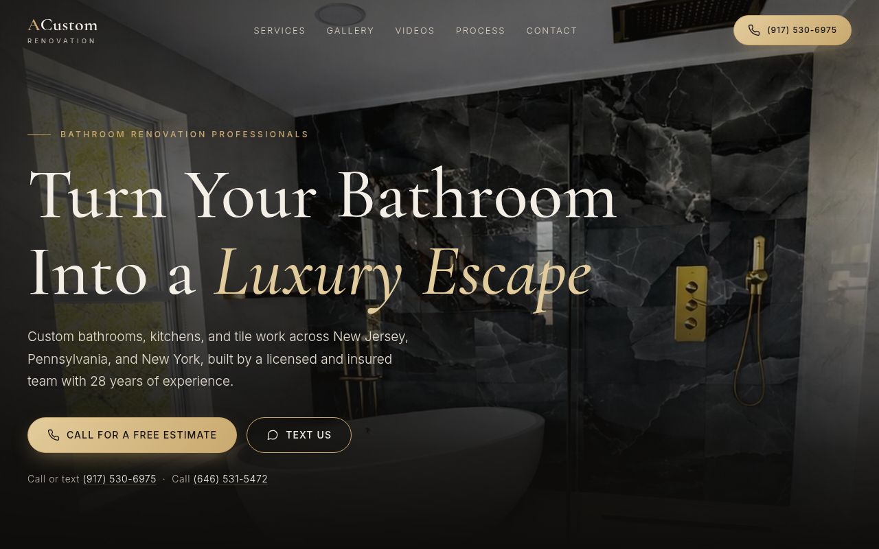 Homepage of ACustom Renovation, a luxury bathroom and kitchen remodeling company serving NJ, PA and NY