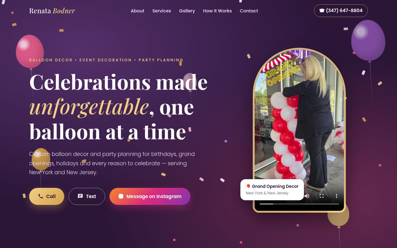 Homepage of Balloons by Renata, a balloon decor business in New Jersey
