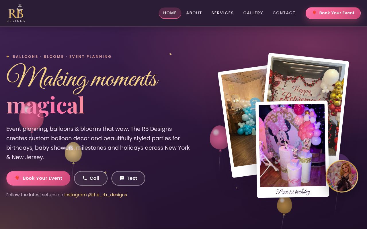 Homepage of The RB Designs, a balloon decor, blooms and event planning business serving New York and New Jersey