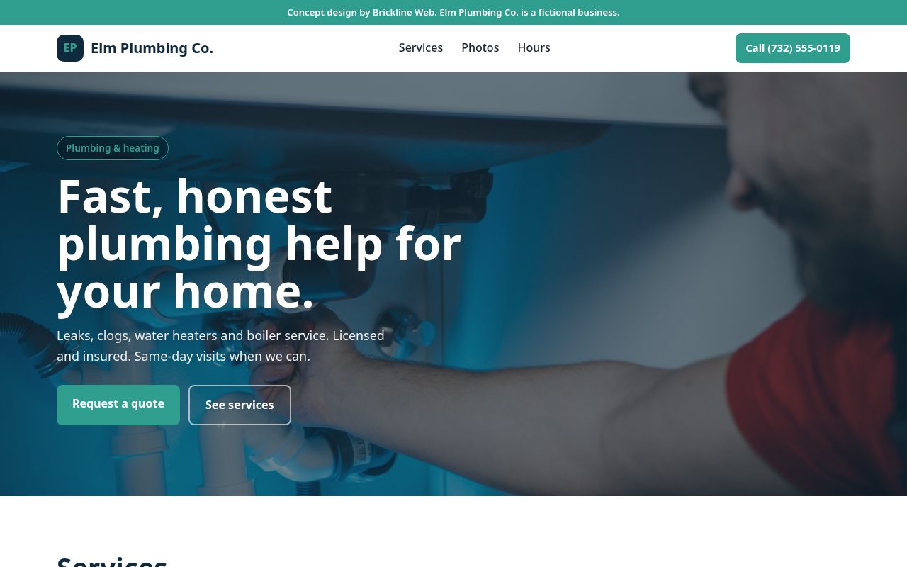 Concept homepage for Elm Plumbing Co., a fictional plumbing company