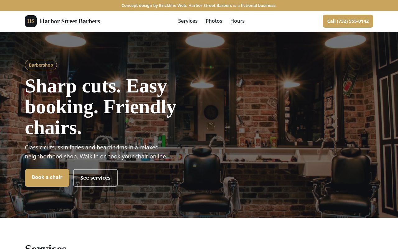 Concept homepage for Harbor Street Barbers, a fictional barbershop